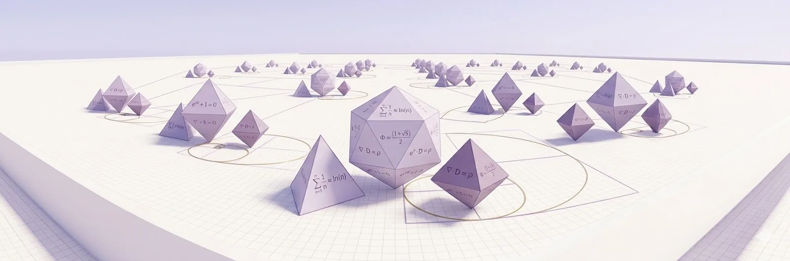 Abstract geometric shapes and mathematical equations in clean purple-toned composition