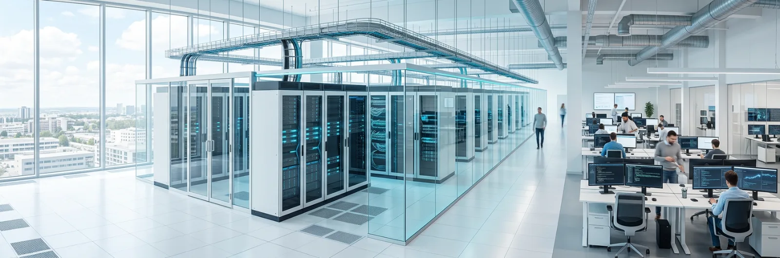 Clean modern server room with subtle blue LED lighting and organized cable management